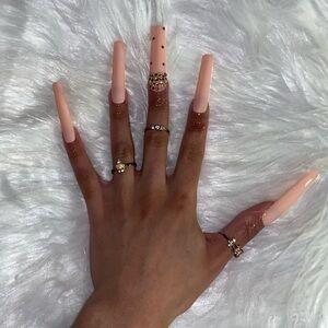 10pcs 3XL Square Nude Pink w/ Multicolored Falling Rhinestones Accent Press Ons